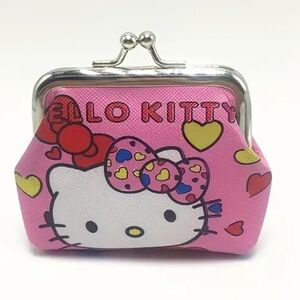 Hello Kitty Logo Bows & Hearts Cartoon Mini Coin Purse, Kiss-Lock Clasp Closure